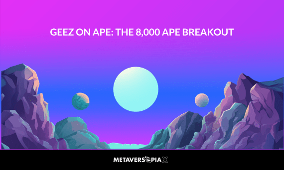 Futuristic metaverse landscape with planets and mountains representing Geez on APE reaching 8000 APE milestone in the NFT space