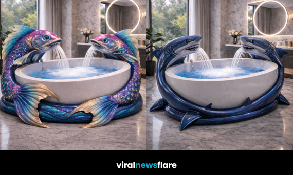 Collection of unique animal-inspired luxury bathtubs including octopus, dolphin, fish, and shark designs