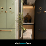 Collection of colourful cat-shaped fridge freezers in modern kitchens showcasing unique appliance design