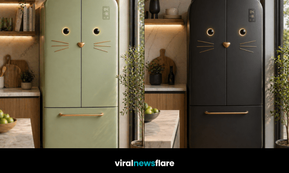 Collection of colourful cat-shaped fridge freezers in modern kitchens showcasing unique appliance design
