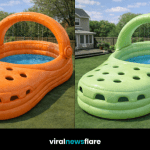 Collection of colourful Crocs-shaped inflatable pools in yellow, orange, black, and green designs outdoors