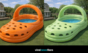 Collection of colourful Crocs-shaped inflatable pools in yellow, orange, black, and green designs outdoors