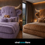 Large plush Highland cow bed with shaggy upholstery in a modern bedroom interior