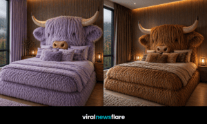 Large plush Highland cow bed with shaggy upholstery in a modern bedroom interior
