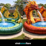 Eye-catching dragon-shaped inflatable pool with water feature as a garden centrepiece