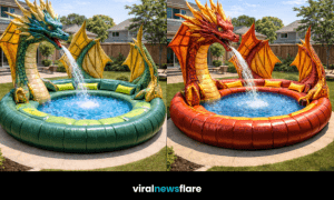 Eye-catching dragon-shaped inflatable pool with water feature as a garden centrepiece