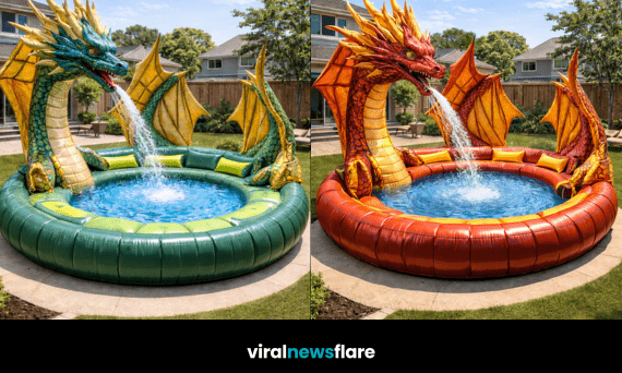 Eye-catching dragon-shaped inflatable pool with water feature as a garden centrepiece