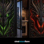 Collection of dragon-themed fridge freezers in red, purple, blue, and green glowing designs