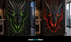 Collection of dragon-themed fridge freezers in red, purple, blue, and green glowing designs