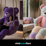 Collection of giant teddy bear swing chairs in pastel, brown, purple and blue colours in modern interiors