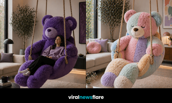 Collection of giant teddy bear swing chairs in pastel, brown, purple and blue colours in modern interiors