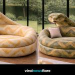 Collection of snake-shaped sofas in cream, green, orange, and black colour variations showcasing modern statement furniture