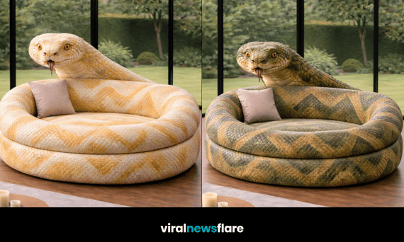 Collection of snake-shaped sofas in cream, green, orange, and black colour variations showcasing modern statement furniture