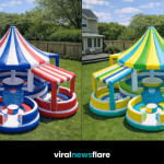 Large colourful inflatable carousel paddling pool with canopy and seating in garden