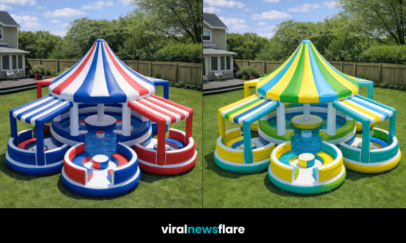 Large colourful inflatable carousel paddling pool with canopy and seating in garden
