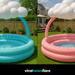 Stylish inflatable cloud canopy pool with shaded arch and water spray in modern garden