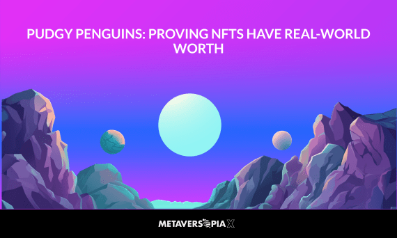 Futuristic purple and blue landscape with planets and mountains representing Pudgy Penguins proving real-world value in NFTs and Web3