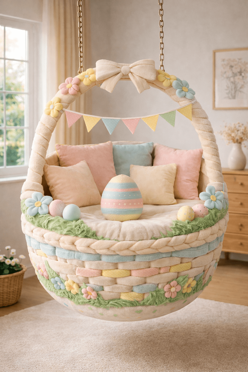 Hanging basket chair decorated with pastel eggs, bunting, and floral details in a cosy room