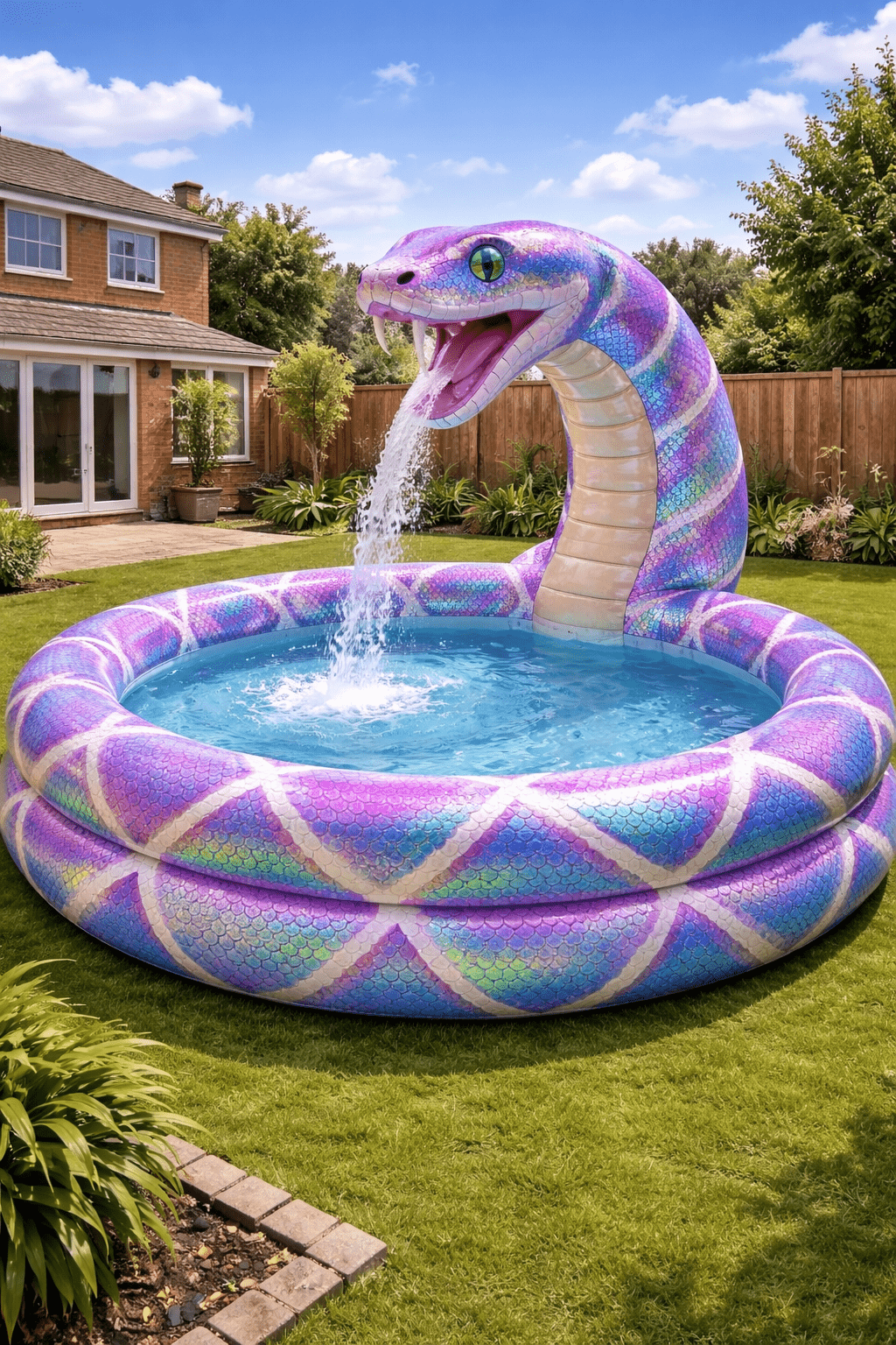 Purple iridescent snake themed inflatable paddling pool with fountain in a suburban garden