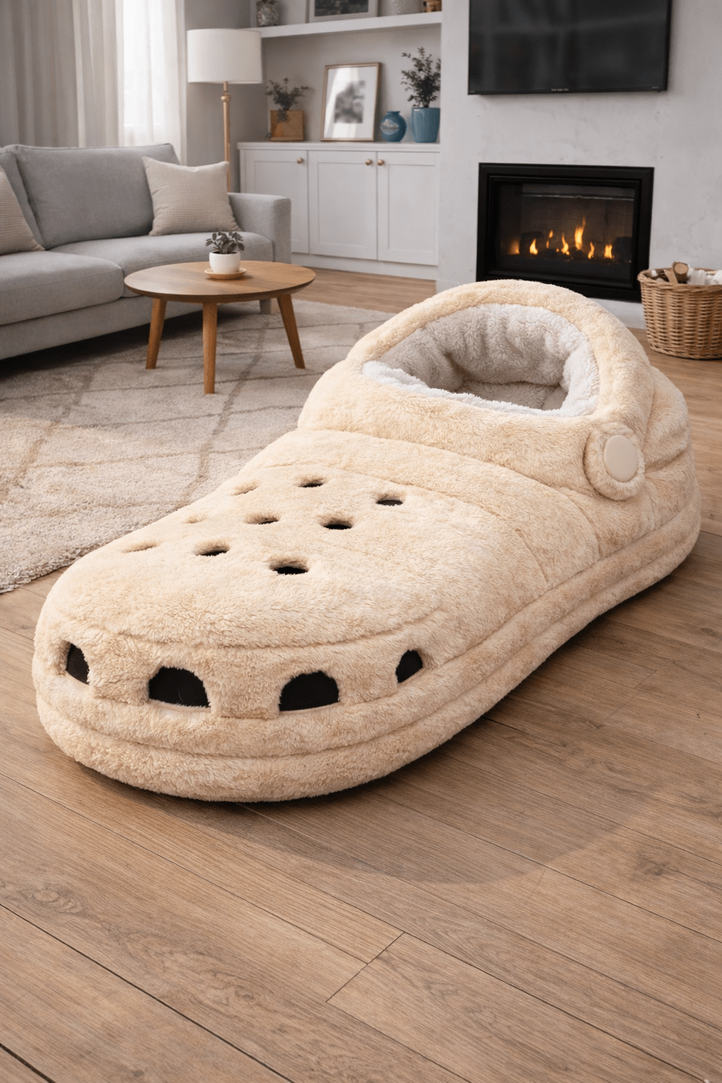 Cream coloured Crocs-shaped slipper bed with plush interior in a warm, neutral living space
