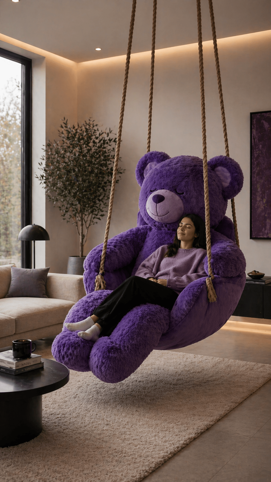 Woman relaxing in a giant purple teddy bear swing chair in a stylish contemporary living room