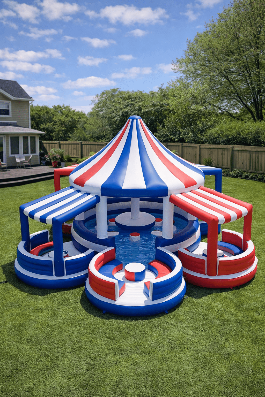 Classic striped inflatable carousel paddling pool in red white and blue colours
