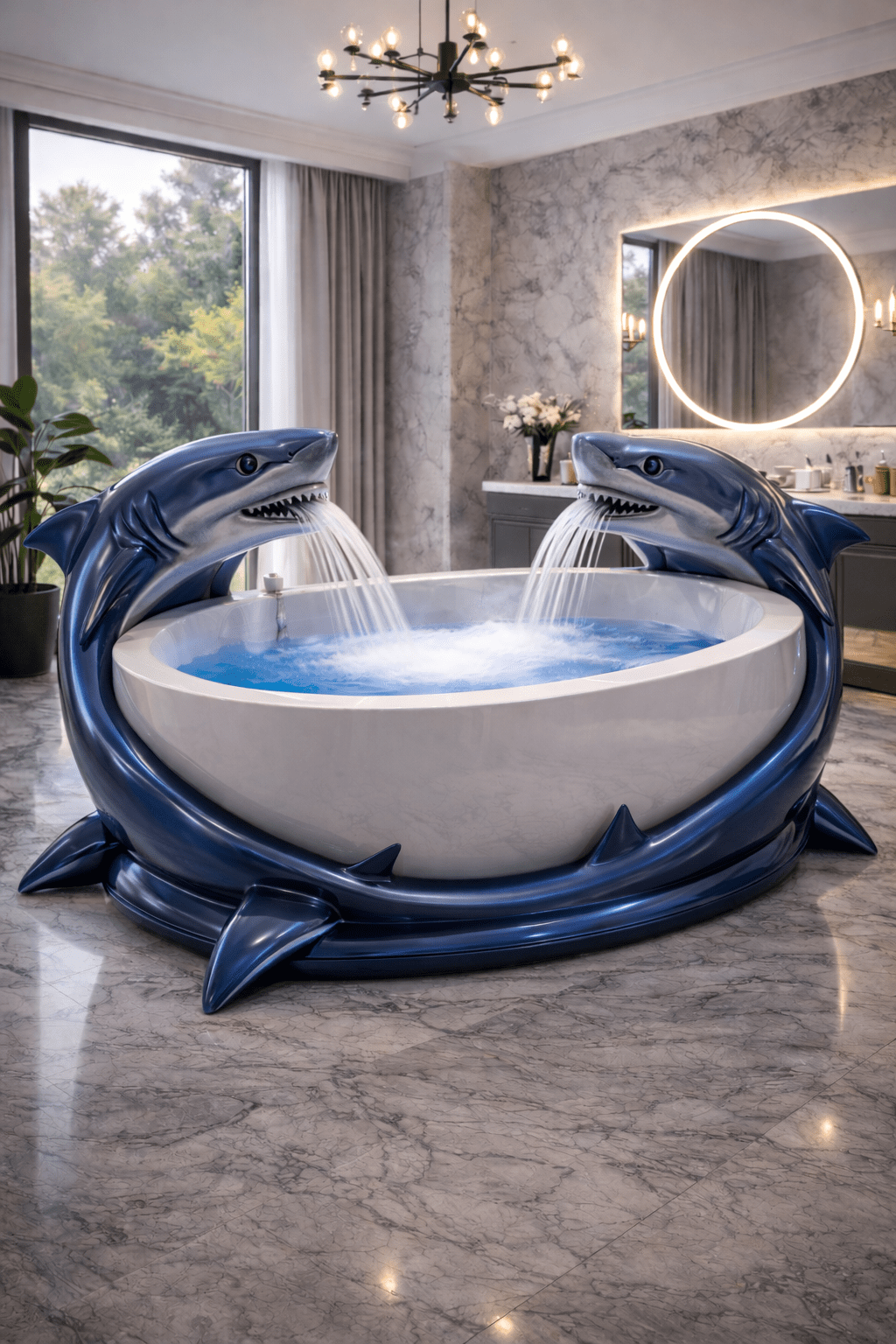 Metallic shark-shaped bathtub with dual water features in a marble-finished bathroom