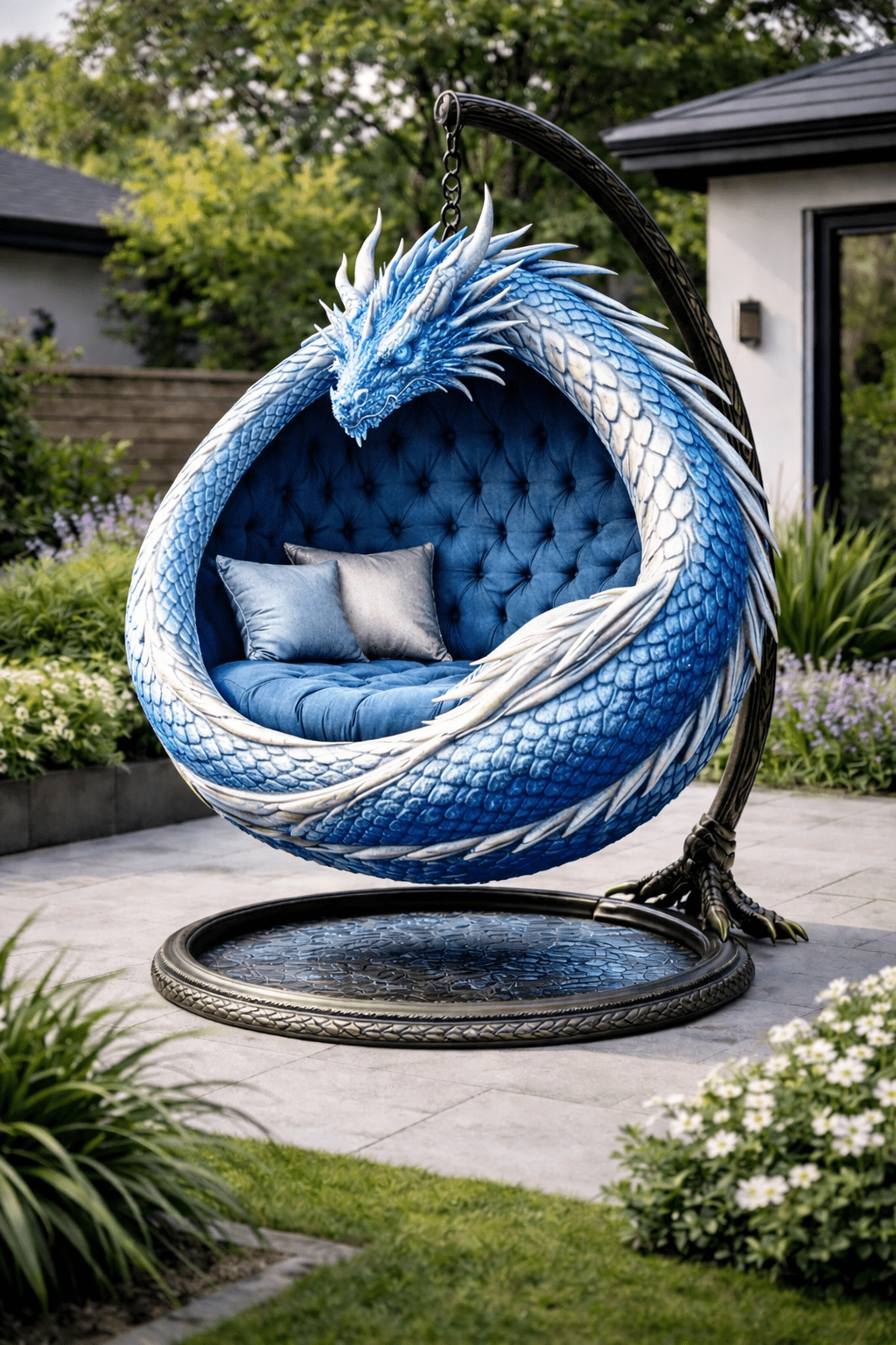 icy blue white dragon egg swing chair fantasy outdoor seating pod