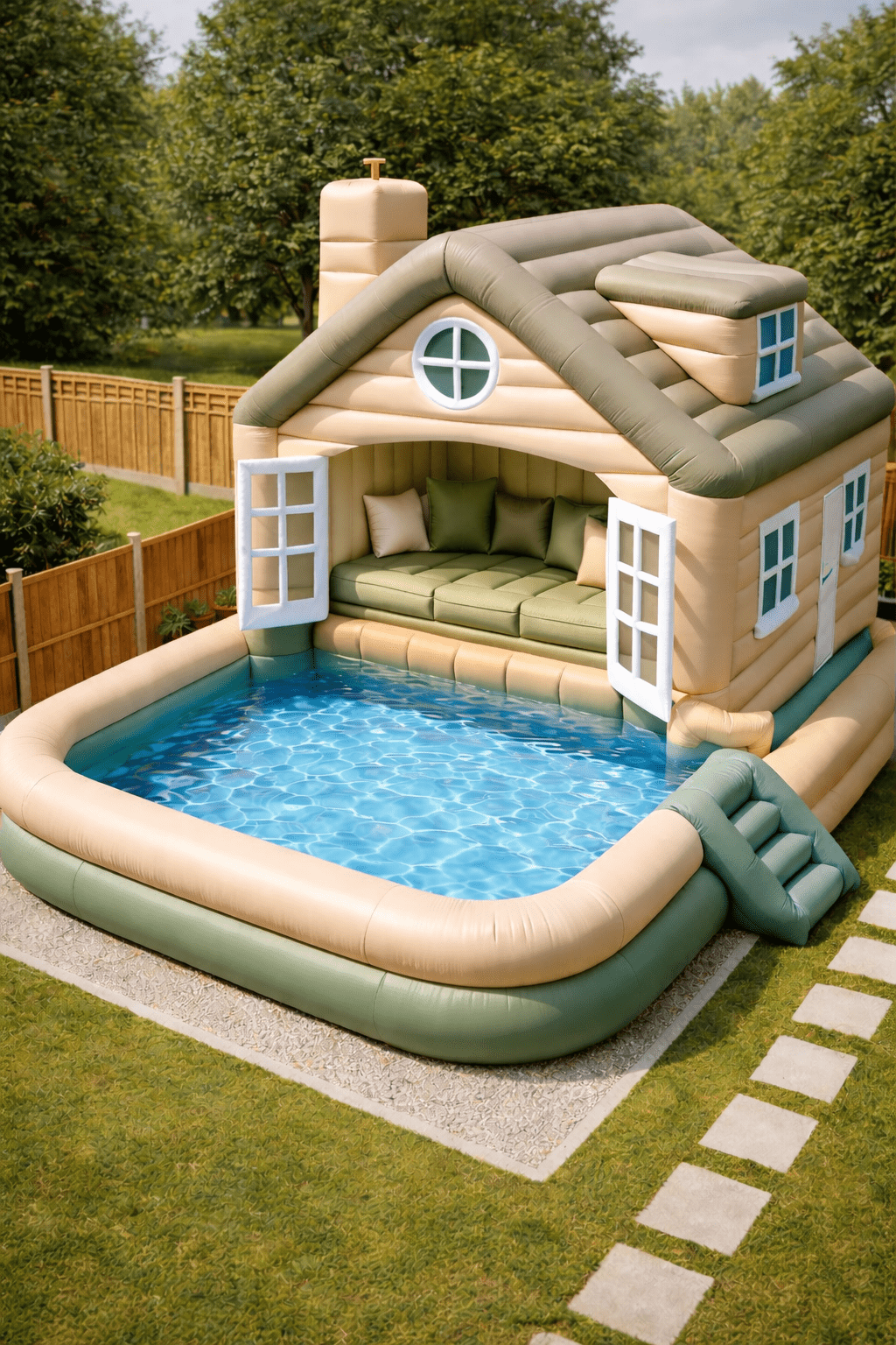 Beige and green inflatable house pool with cushioned seating and integrated paddling pool