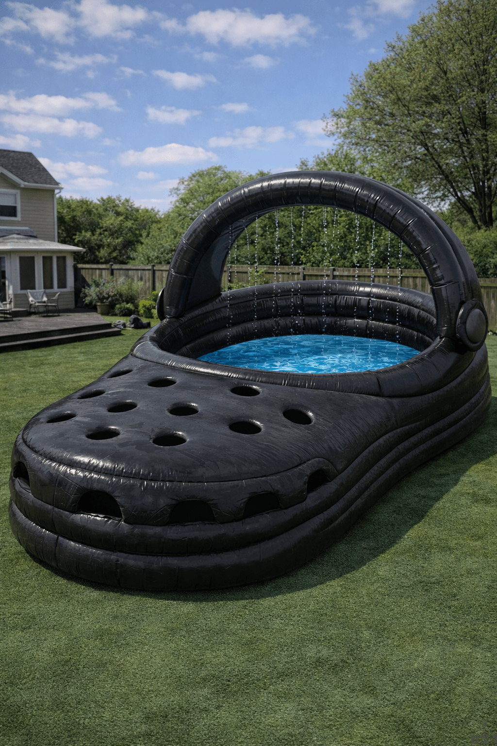 Stylish black Crocs-shaped inflatable pool with cascading water in contemporary garden