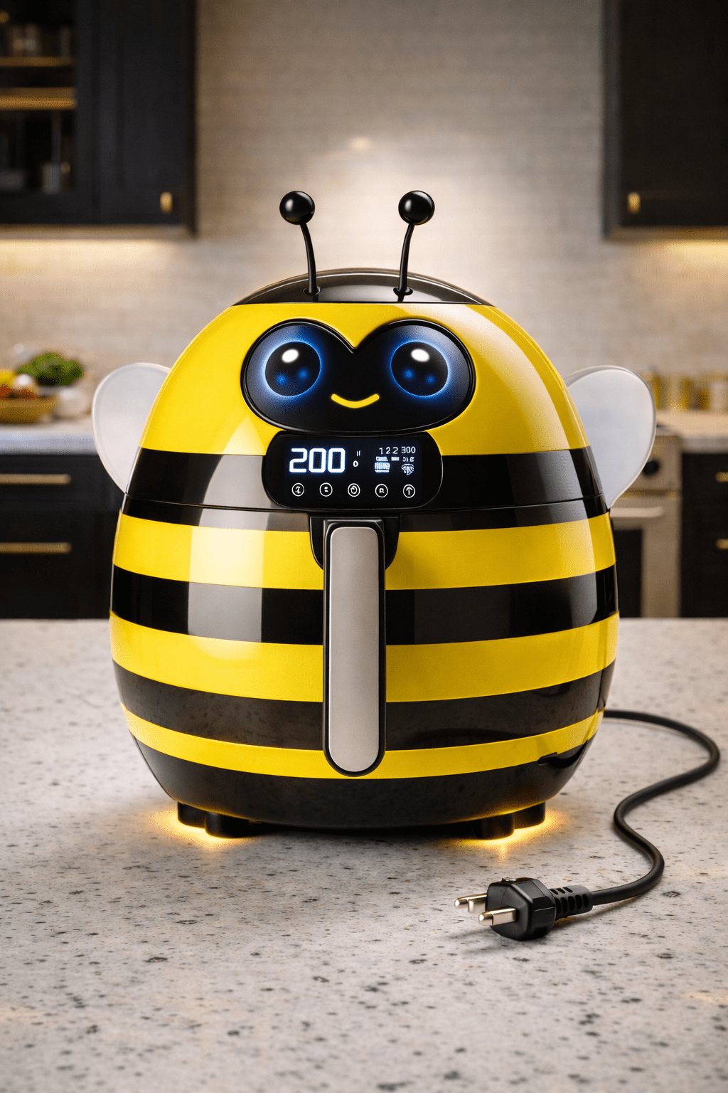 Yellow and black striped bee air fryer with simple design and LED control panel