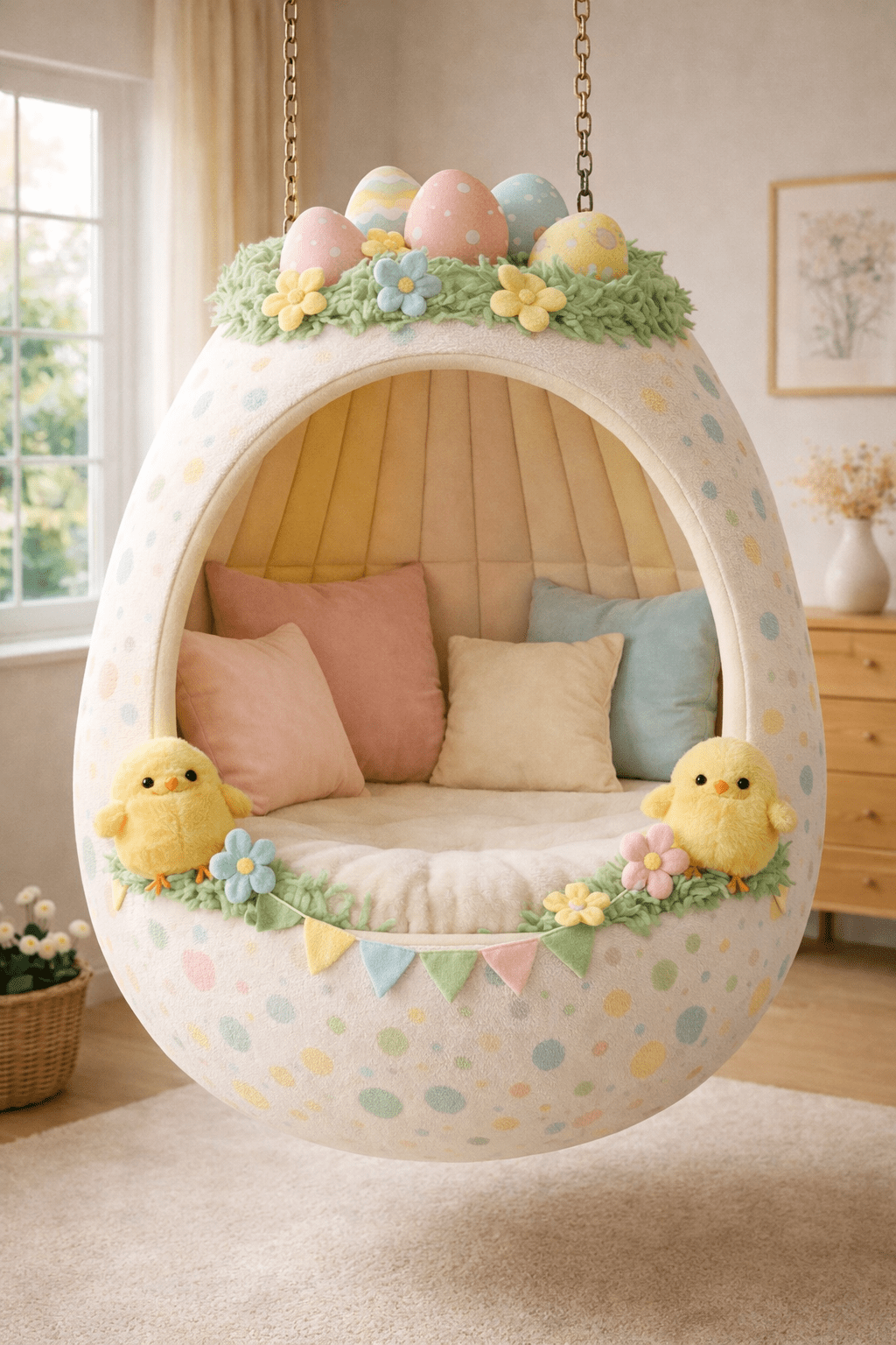 Egg-shaped pod chair with chick decorations, pastel pillows, and soft lighting in a modern nursery