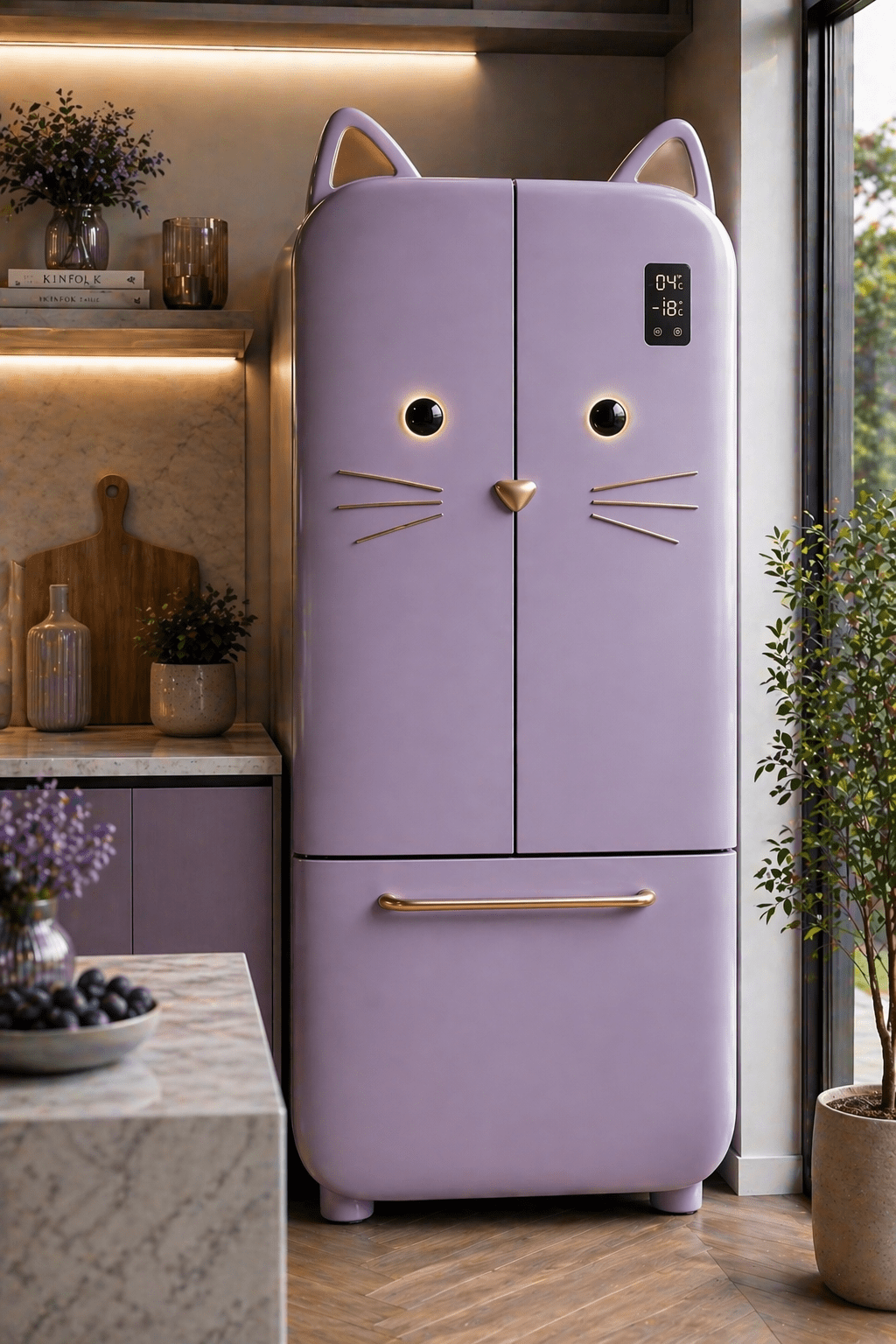 Pastel purple cat-shaped fridge freezer with glowing eyes in a modern kitchen setting