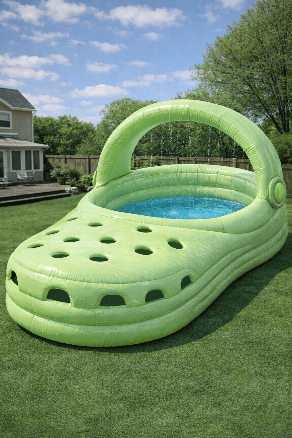 Soft green Crocs-style inflatable pool with built-in water feature in lush garden setting