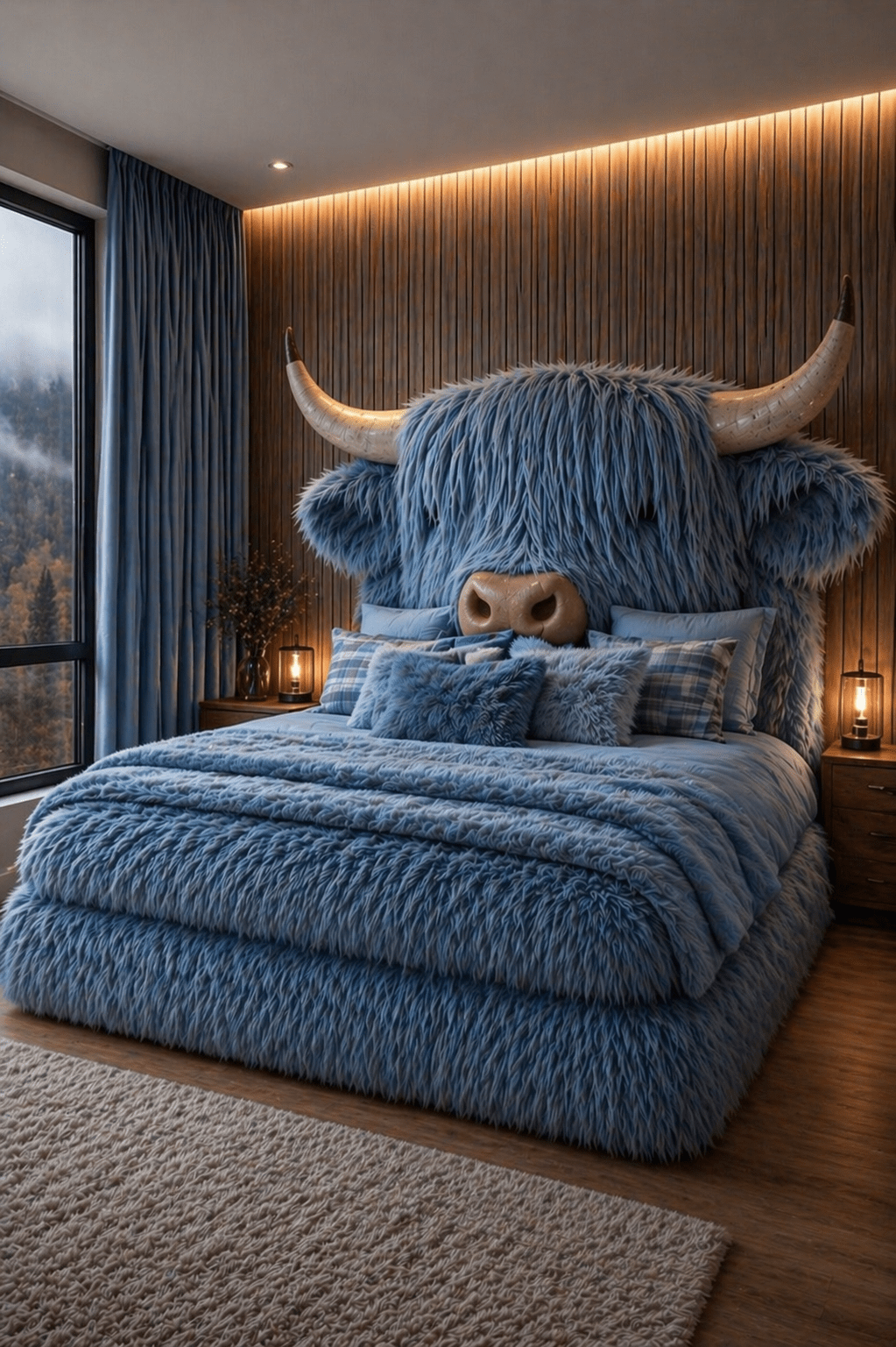 Soft blue Highland cow bed with plush finish in a modern styled bedroom