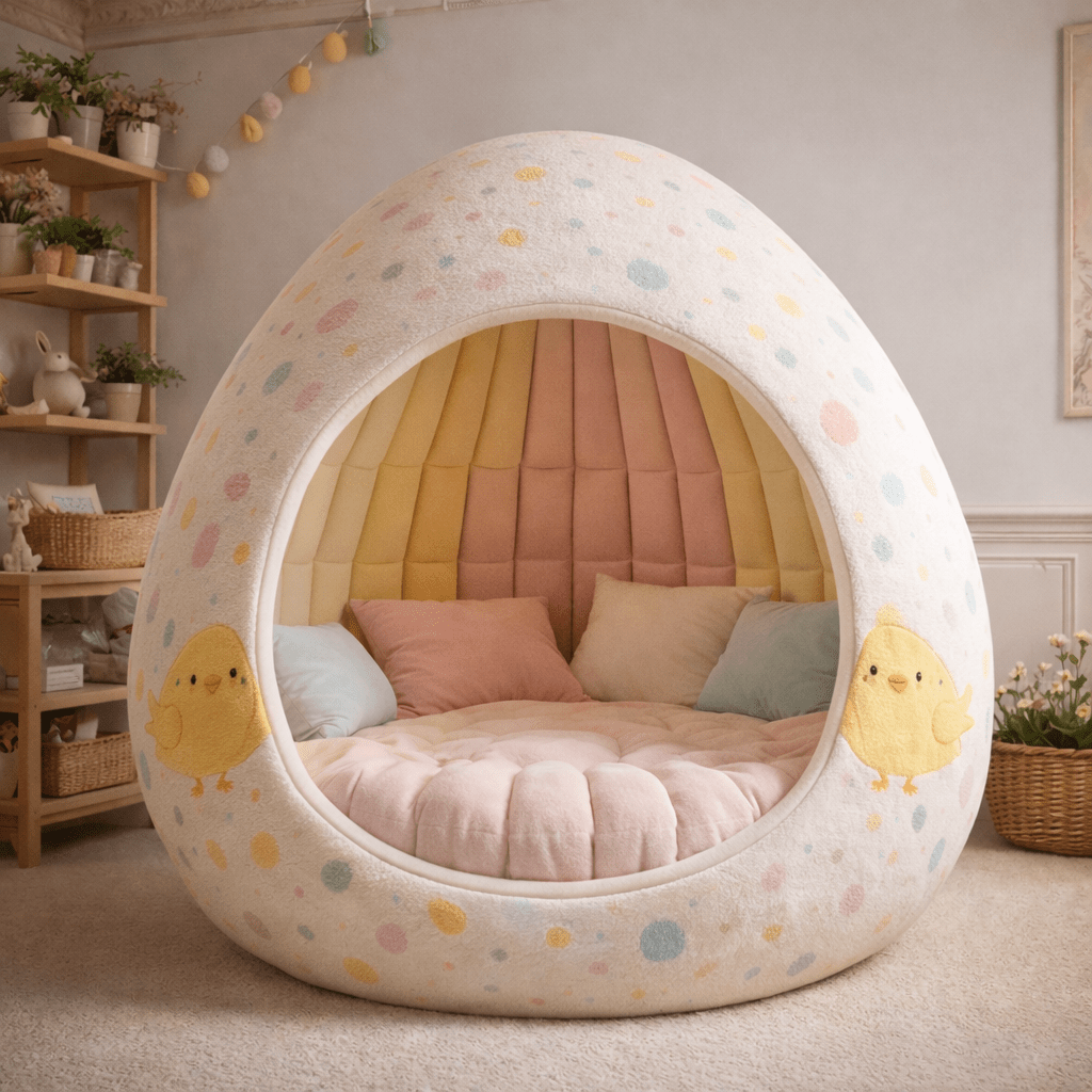 Easter egg pod chair with chick illustrations and pastel polka dots in a cosy room