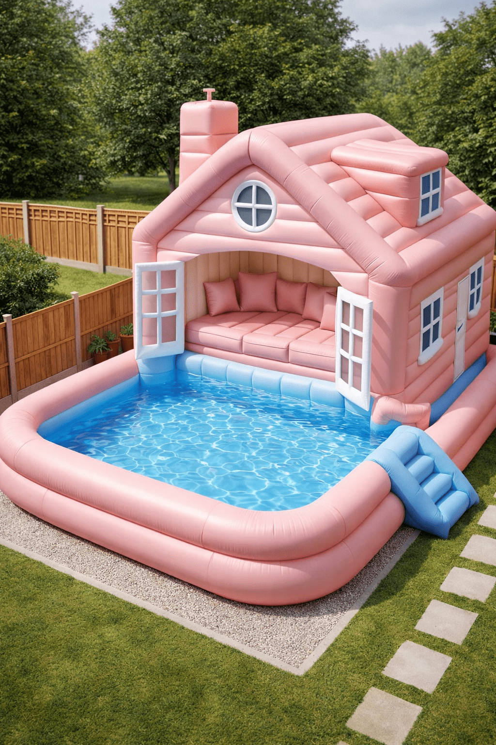 Soft pink inflatable house pool with shaded seating and blue water paddling pool