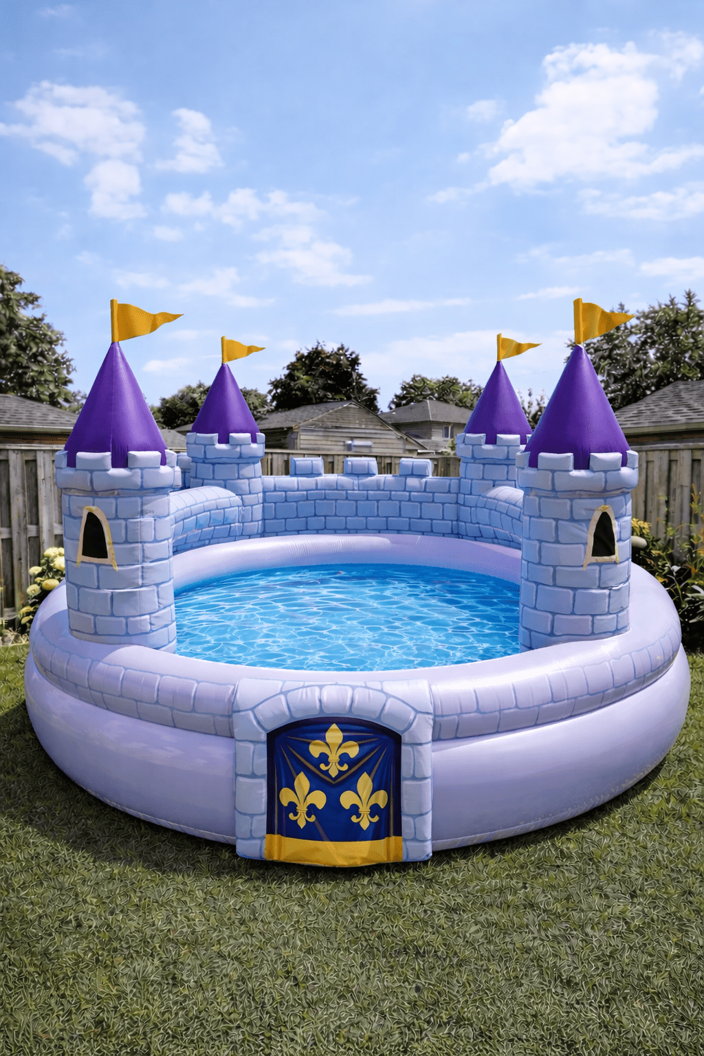 Light blue inflatable castle paddling pool with purple turrets in a backyard setting
