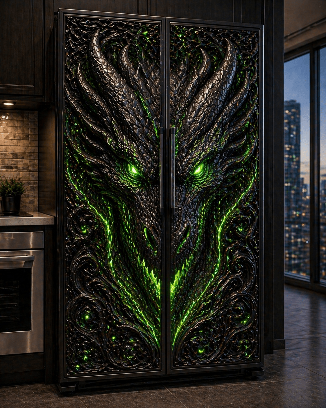 Green dragon fridge freezer with glowing emerald accents and intricate carvings