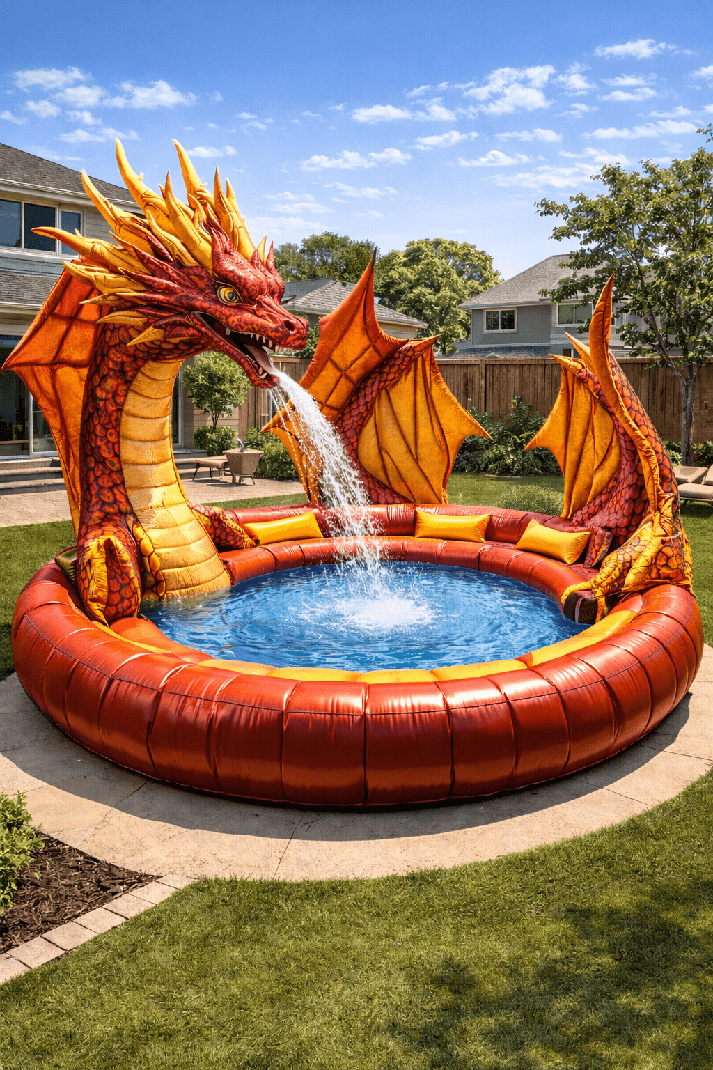 Large red dragon-shaped inflatable pool spraying water into a circular garden paddling pool