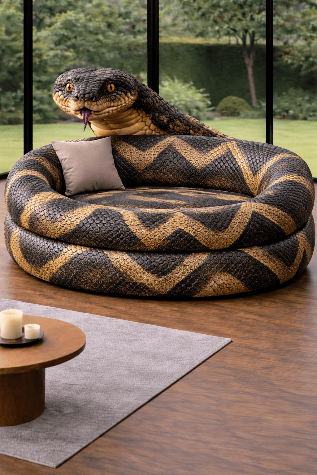 Black and gold snake-shaped sofas with textured scales and dramatic design in a modern home setting