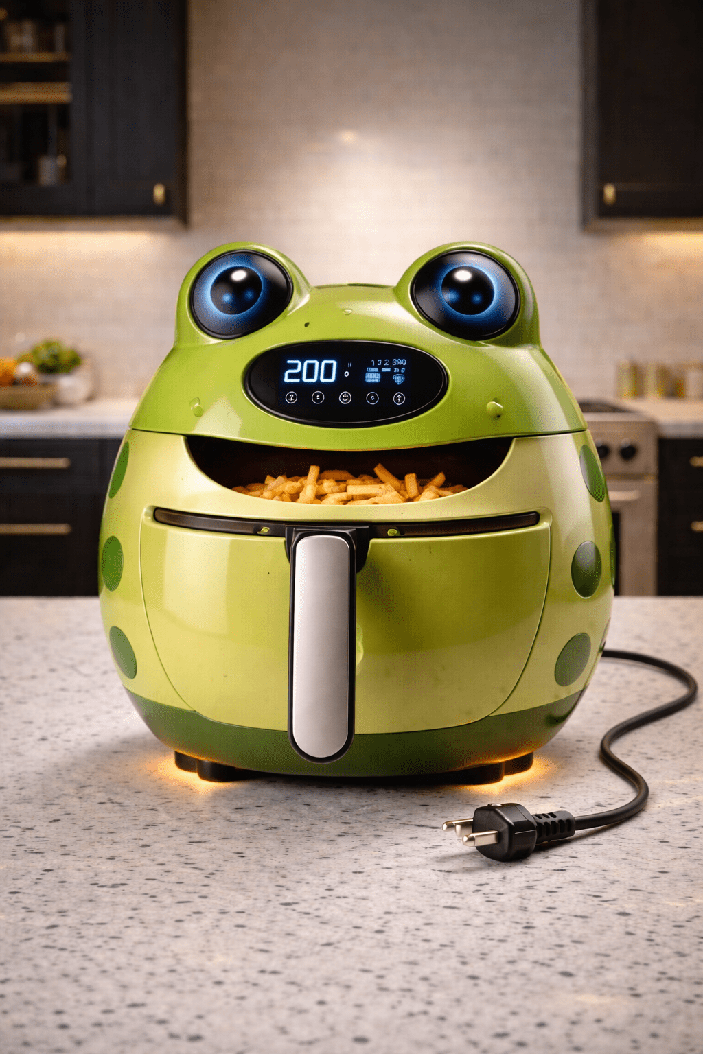 Green frog air fryer with large eyes and fries visible inside cooking basket