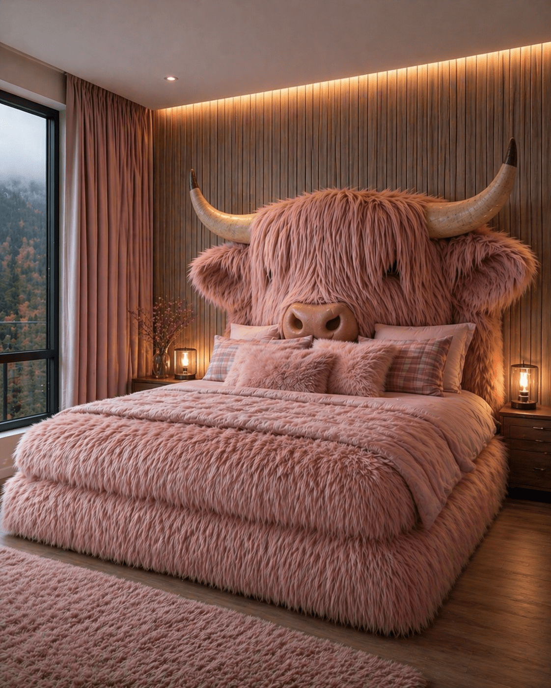 Blush pink Highland cow bed with fluffy texture and layered bedding in a stylish room