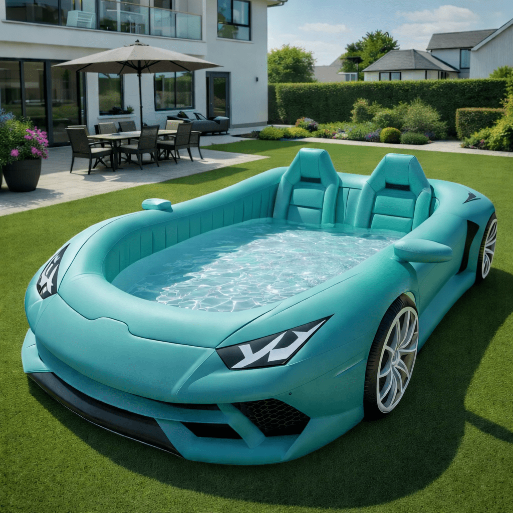 Aqua blue supercar inflatable pool filled with water on a green lawn