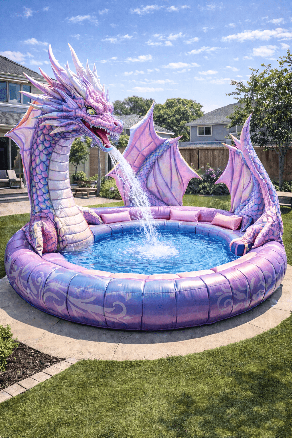Pastel pink and purple dragon inflatable pool with water fountain feature in a backyard setting