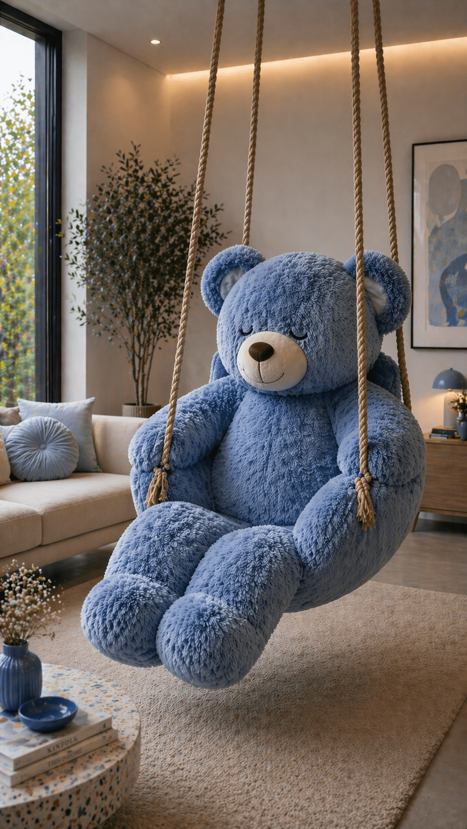 Oversized blue teddy bear swing chair hanging in a bright modern living room with natural light