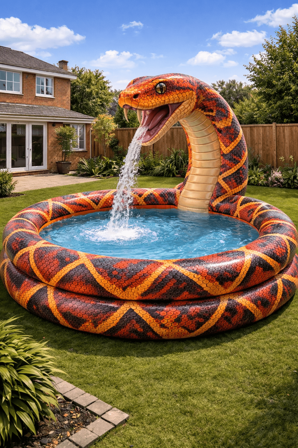 Red and orange snake inflatable paddling pool with bold pattern and water feature