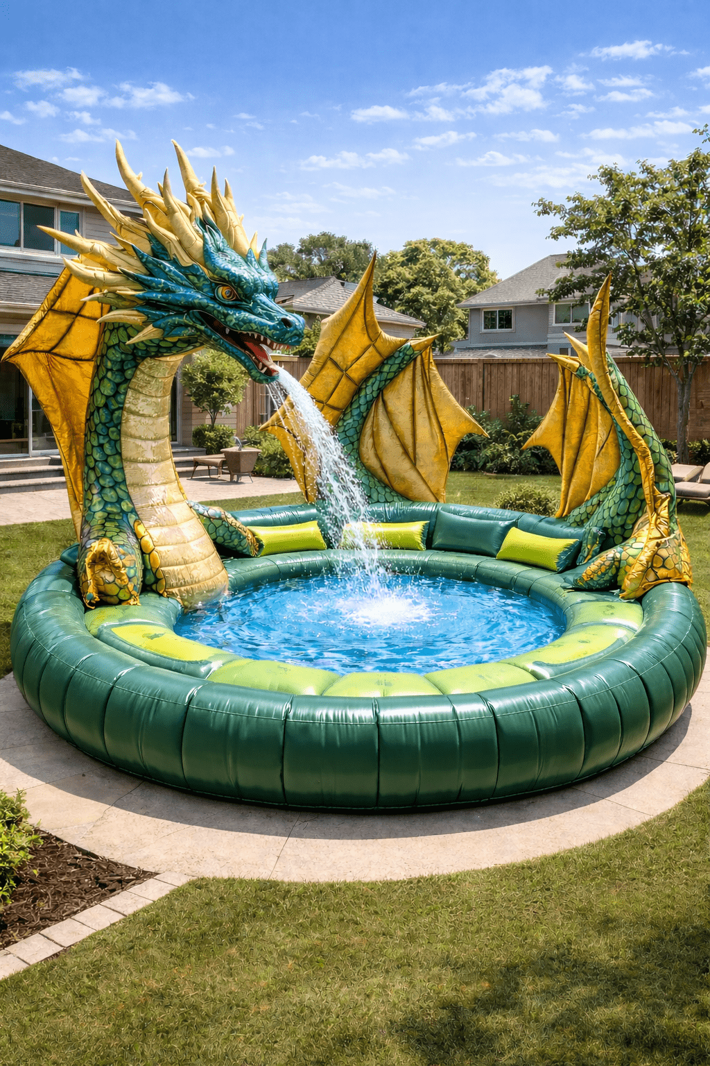 Green and gold dragon inflatable pool with wings and water fountain in a modern garden