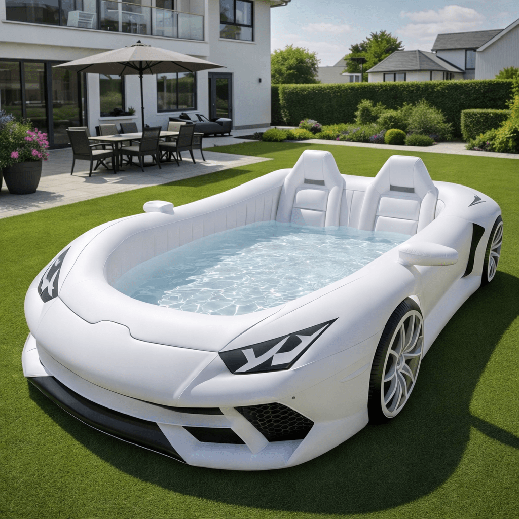 White car-shaped inflatable pool with seating in a stylish outdoor space
