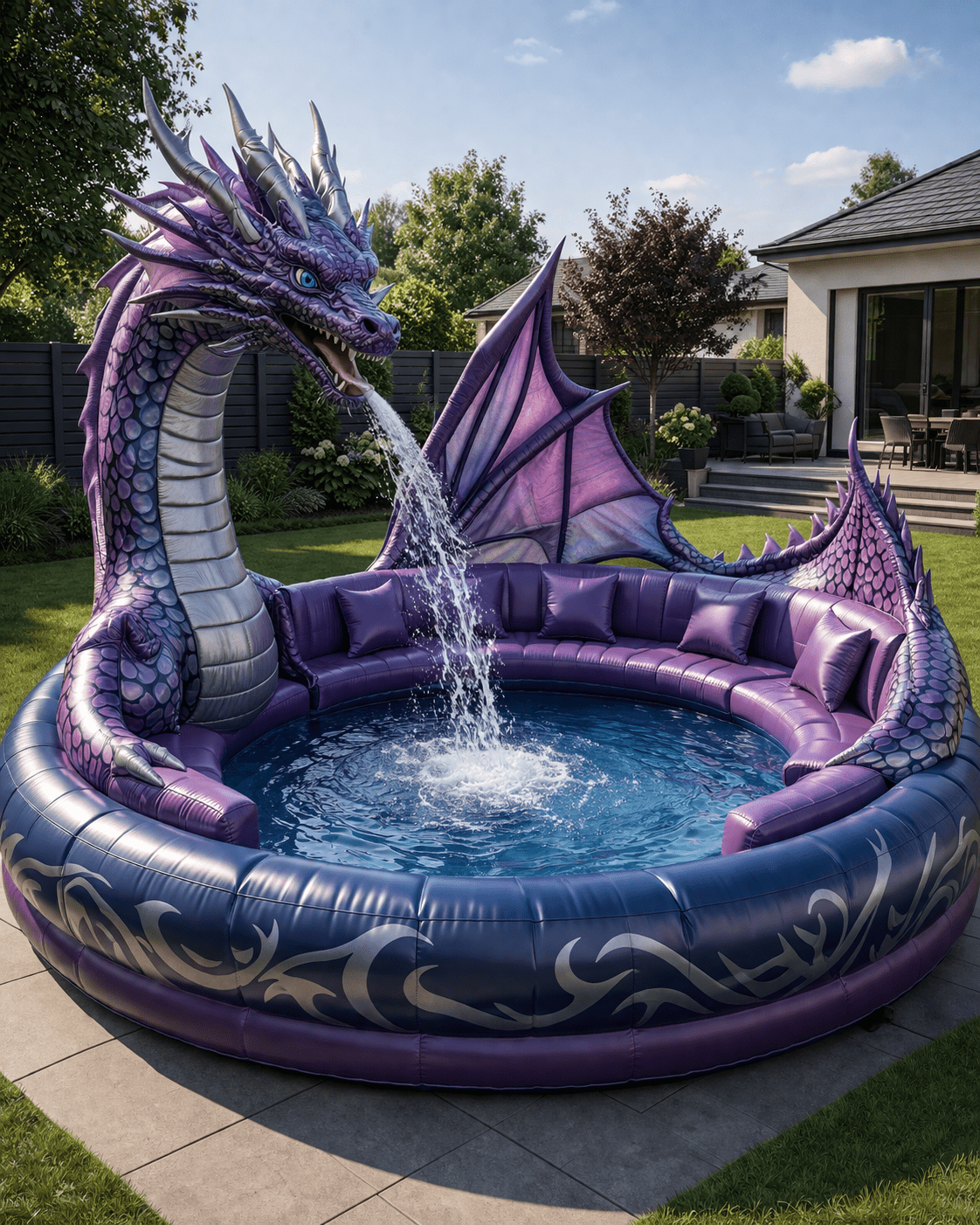 Deep purple dragon-shaped inflatable pool with built-in seating and water spray feature
